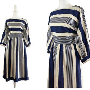 80s Lanz Originals Navy Blue Cream Striped Midi